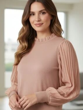 Adrianna Papell Pleated Sleeve Ruffle Neck Top - Blush Pink and Tan